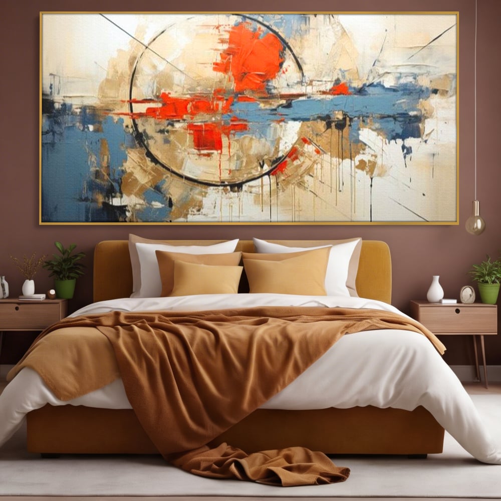 Tablou canvas cu pictura abstracta cu cerc negru si pete rosii, in rama de aluminiu auriu, pe perete intr-un dormitor
